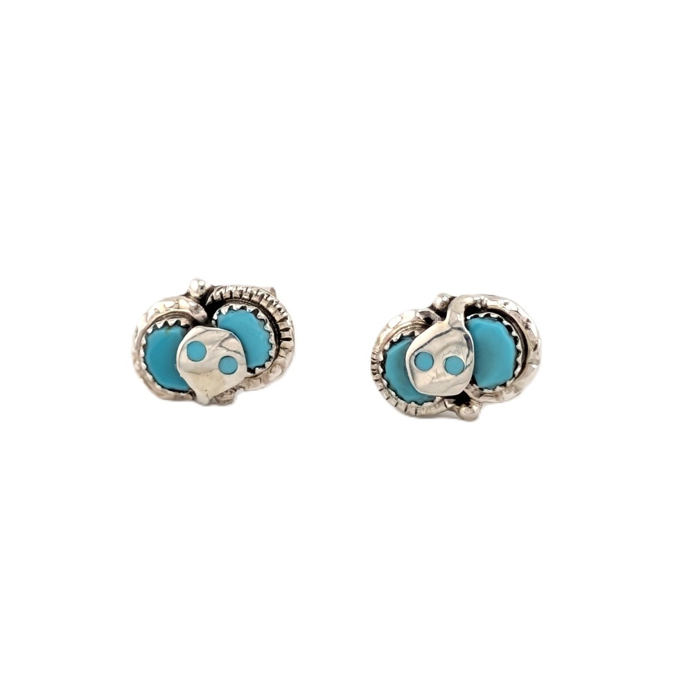 Zuni Snake Eyes Earrings Sterling Silver Turquoise Studs Jewelry**
